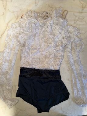 Weissman White Lace Long-Sleeve Bodysuit with Black Briefs